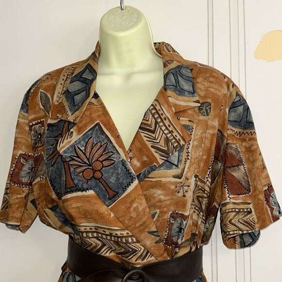 Vtg 80s/90s Positive Attitude Brown, Tan & Blue Wrap Look Tropical Print Dress - Picture 3 of 9